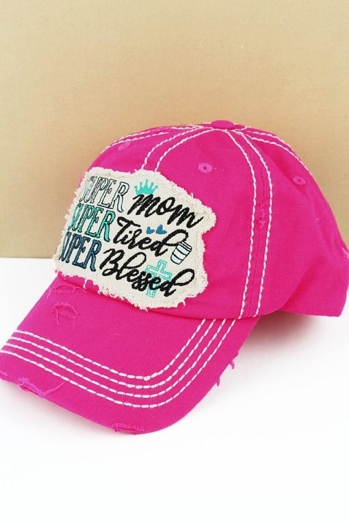 Distressed Hot Pink Super Mom Super Tired Super Blessed Adjustable Hat - Image 2