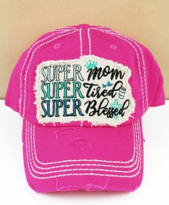 Distressed Hot Pink Super Mom Super Tired Super Blessed Adjustable Hat