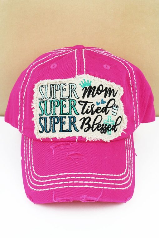 Distressed Hot Pink Super Mom Super Tired Super Blessed Adjustable Hat