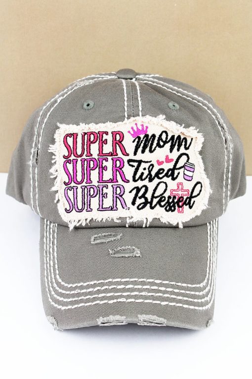 Distressed Steel Gray Super Mom Super Tired Super Blessed Adjustable Hat