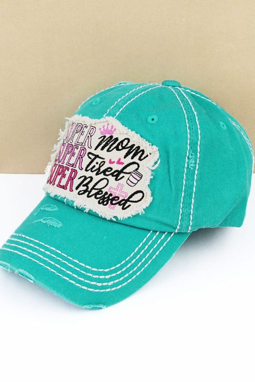 Distressed Turquoise Super Mom Super Tired Super Blessed Adjustable Hat - Image 2
