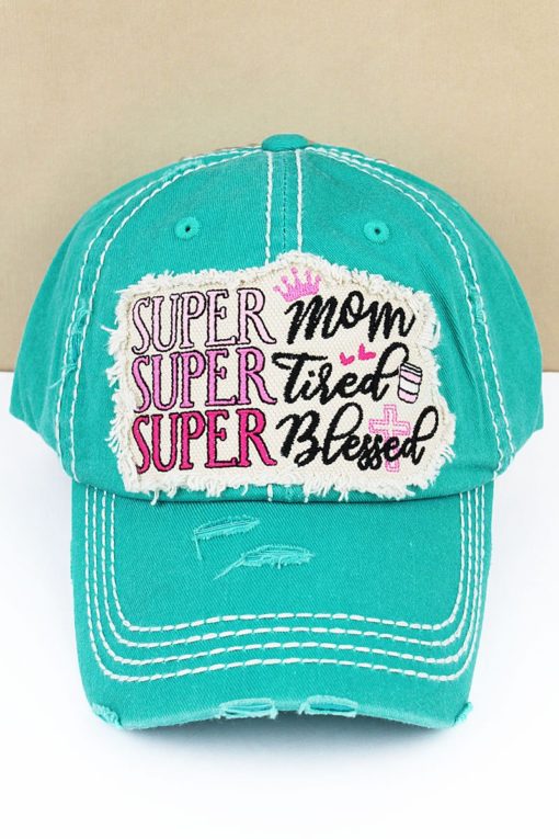 Distressed Turquoise Super Mom Super Tired Super Blessed Adjustable Hat