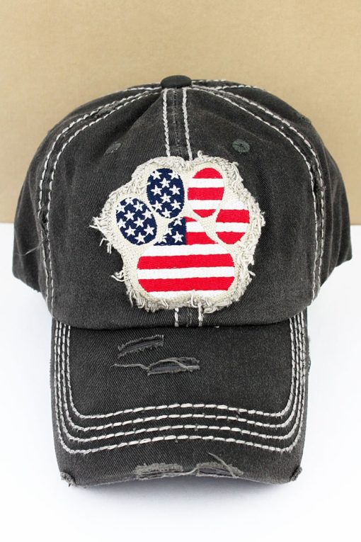 Distressed Black Patriotic Paw Print Adjustable Hat