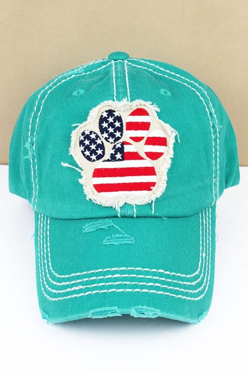 Distressed Turquoise Patriotic Paw Print Adjustable Hat