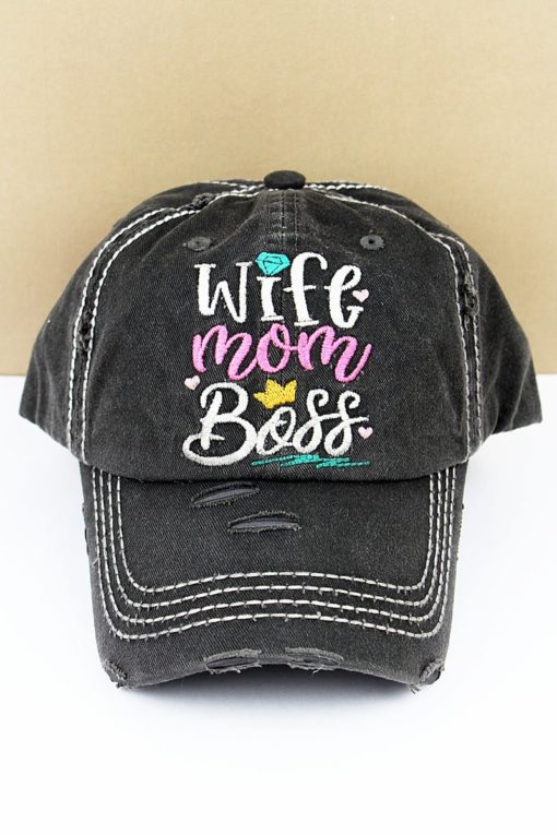 Distressed Black Wife Mom Boss Adjustable Hat