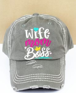 Distressed Steel Gray Wife Mom Boss Adjustable Hat