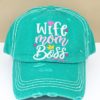 Distressed Turquoise Wife Mom Boss Adjustable Hat