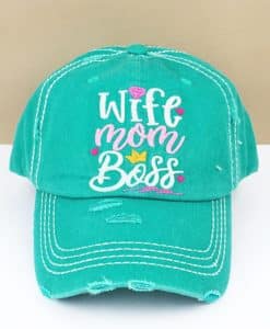 Distressed Turquoise Wife Mom Boss Adjustable Hat