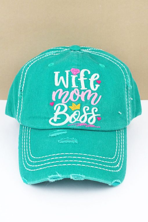 Distressed Turquoise Wife Mom Boss Adjustable Hat