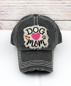 Distressed Black Rhinestone Heart Dog Mom Bling Adjustable Hat