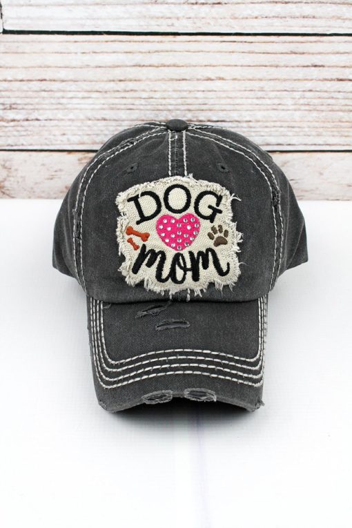 Distressed Black Rhinestone Heart Dog Mom Bling Adjustable Hat