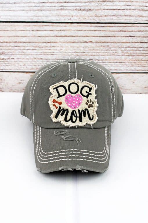 Distressed Steel Gray Rhinestone Heart Dog Mom Bling Adjustable Hat
