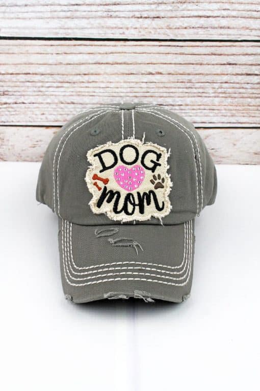 Distressed Steel Gray Rhinestone Heart Dog Mom Bling Adjustable Hat