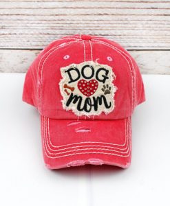 Distressed Salmon Rhinestone Heart Dog Mom Bling Adjustable Hat