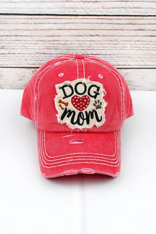 Distressed Salmon Rhinestone Heart Dog Mom Bling Adjustable Hat