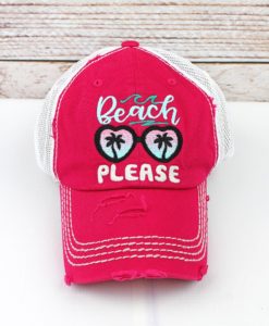 Distressed Hot Pink Sunglasses Beach Please Adjustable Mesh Hat