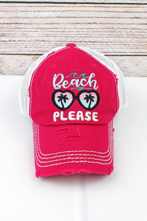 Distressed Hot Pink Sunglasses Beach Please Adjustable Mesh Hat
