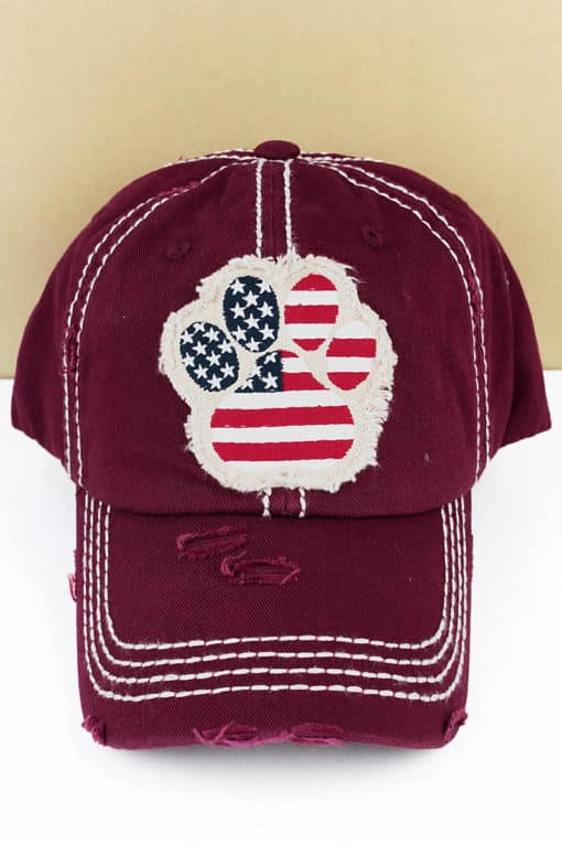 Distressed Maroon Patriotic Paw Print Adjustable Hat