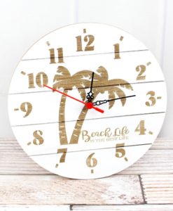 11.75" x 11.75" Beach Life Palm Tree Round Wood Wall Clock