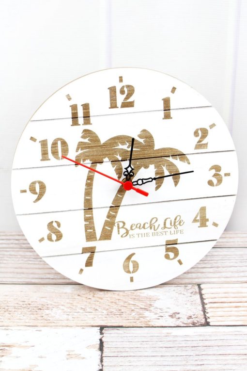 11.75" x 11.75" Beach Life Palm Tree Round Wood Wall Clock