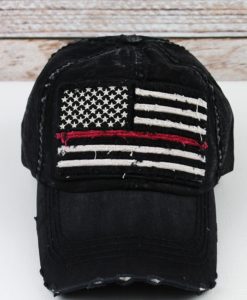 Distressed Black Thin Red Line Flag Adjustable Hat