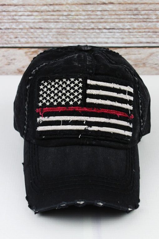 Distressed Black Thin Red Line Flag Adjustable Hat