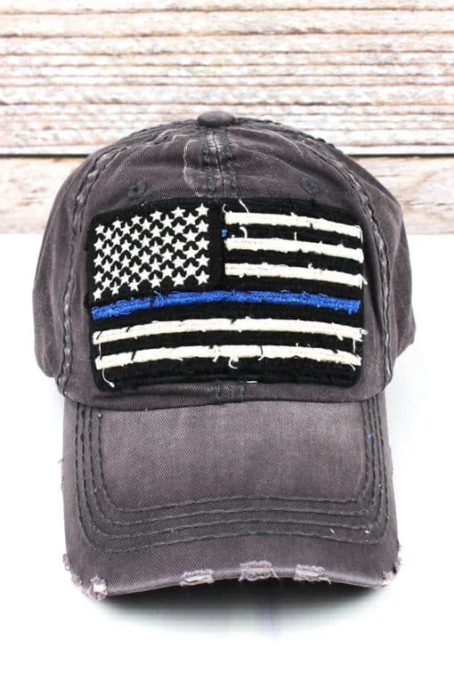 Distressed Dark Gray Thin Blue Line Flag Adjustable Hat