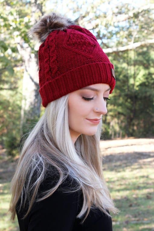 Snow Day Fleece Lined Knit Burgundy Pom Pom Beanie Hat