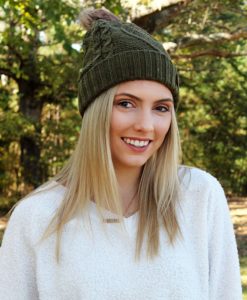 Snow Day Fleece Lined Knit Dark Olive Green Pom Pom Beanie Hat