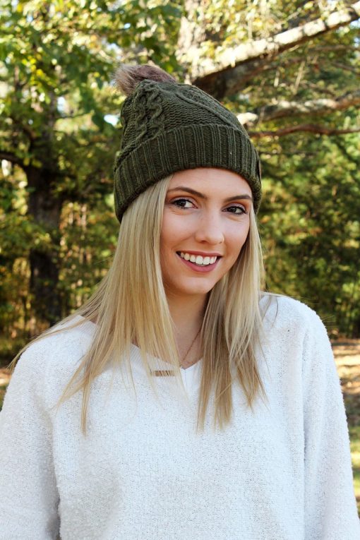 Snow Day Fleece Lined Knit Dark Olive Green Pom Pom Beanie Hat