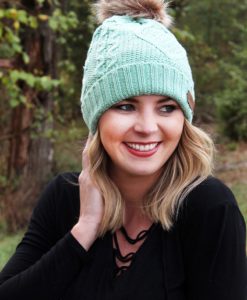 Snow Day Fleece Lined Knit Mint Pom Pom Beanie Hat