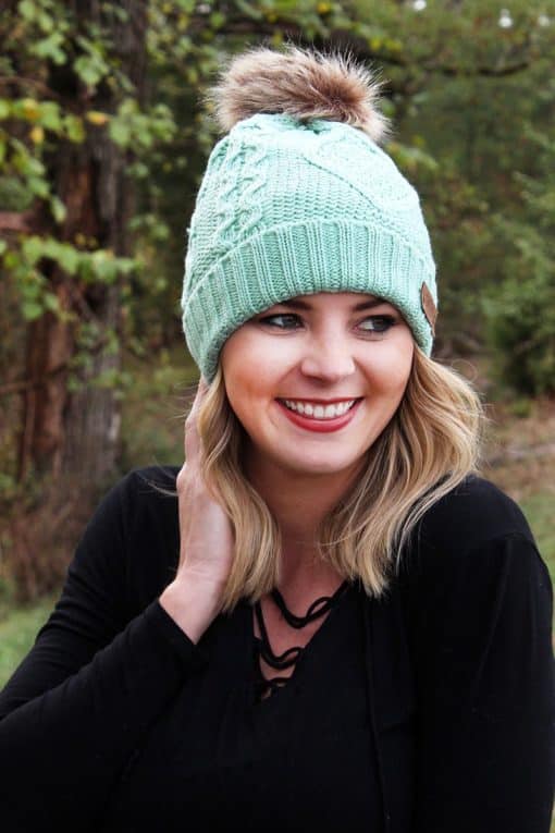 Snow Day Fleece Lined Knit Mint Pom Pom Beanie Hat