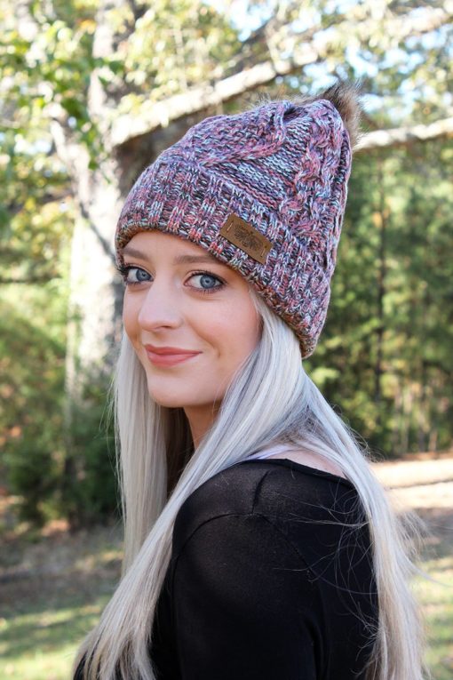 Snow Day Fleece Lined Knit Multi Color Mint Pom Pom Beanie Hat