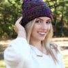 Snow Day Fleece Lined Knit Multi Color Purple Pom Pom Beanie Hat