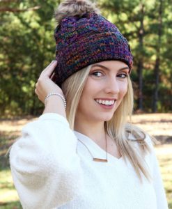 Snow Day Fleece Lined Knit Multi Color Purple Pom Pom Beanie Hat