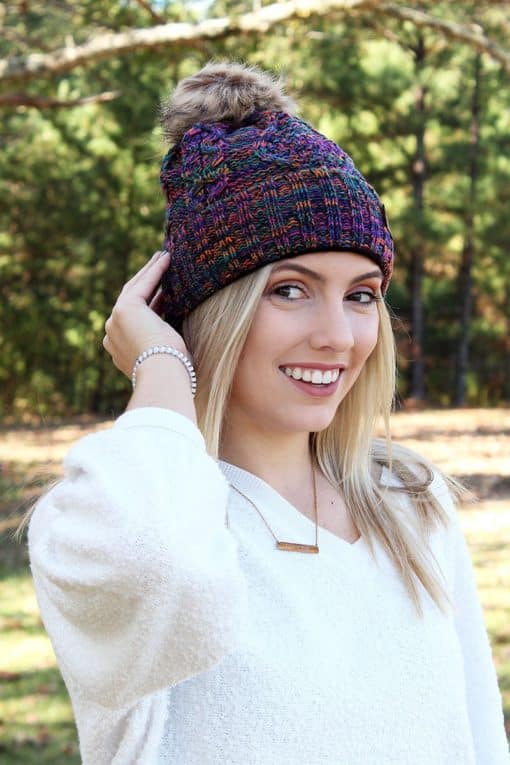 Snow Day Fleece Lined Knit Multi Color Purple Pom Pom Beanie Hat