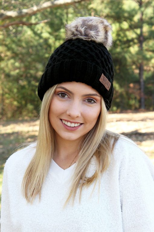 December Days Plush Lined Knit Black Pom Pom Beanie Hat