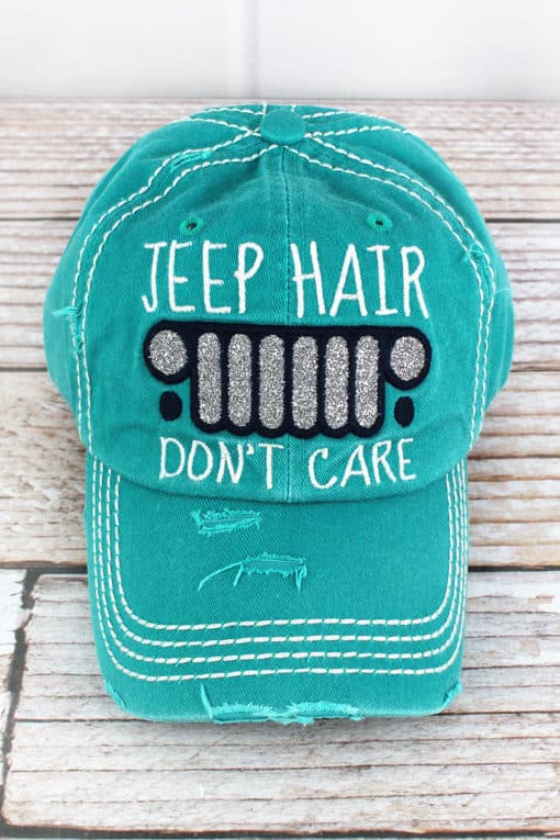 Distressed Turquoise Jeep Hair Don't Care Glitter Adjustable Hat