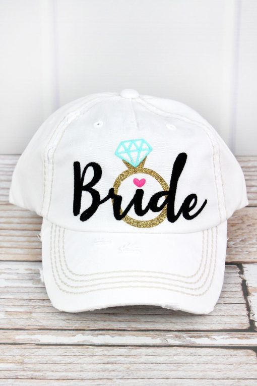 Distressed White Bride With Gold Glitter Diamond Ring Adjustable Hat