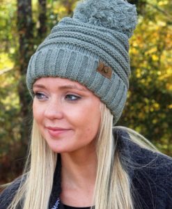 Snowball Fight Knit Light Gray Pom Pom Beanie Hat