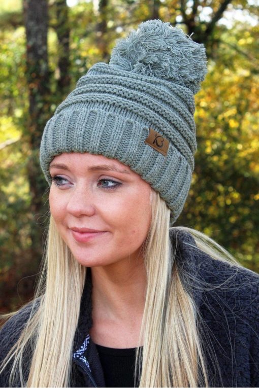 Snowball Fight Knit Light Gray Pom Pom Beanie Hat