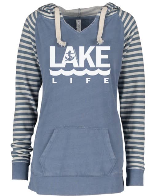 Lake Life Women's Misty Blue Anchor Striped Chalk Fleece Hoodie