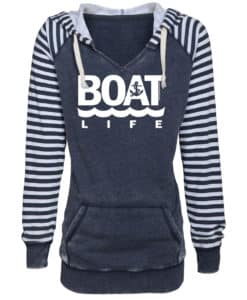 Boat Life Women's Navy Anchor Striped Chalk Fleece Hoodie