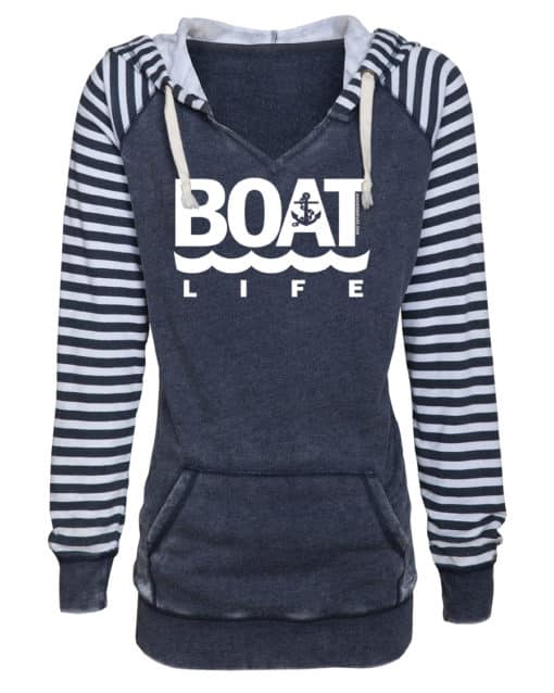 Boat Life Women's Navy Anchor Striped Chalk Fleece Hoodie