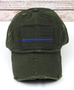 Distressed Olive Green Thin Blue Line Tactical Flag Adjustable Hat