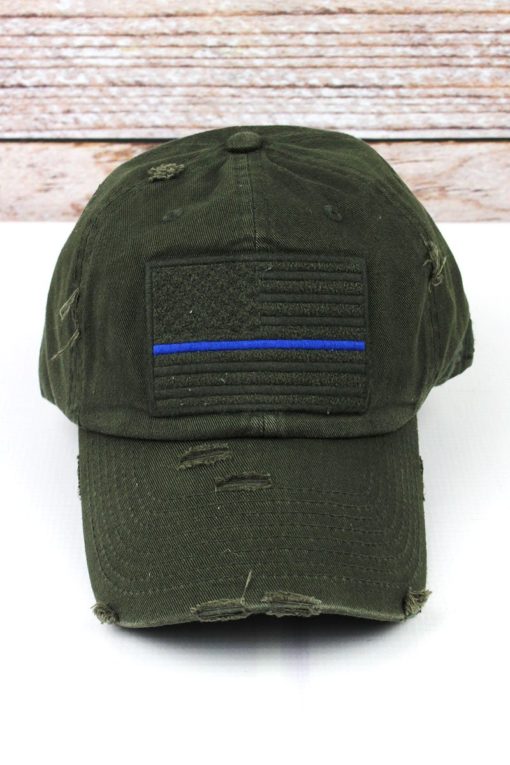 Distressed Olive Green Thin Blue Line Tactical Flag Adjustable Hat