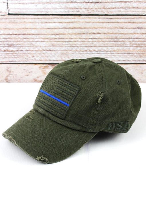 Distressed Olive Green Thin Blue Line Tactical Flag Adjustable Hat - Image 3