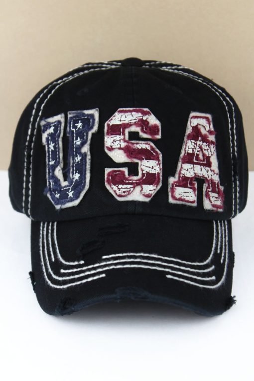 Distressed Patriotic USA Flag Black Adjustable Hat