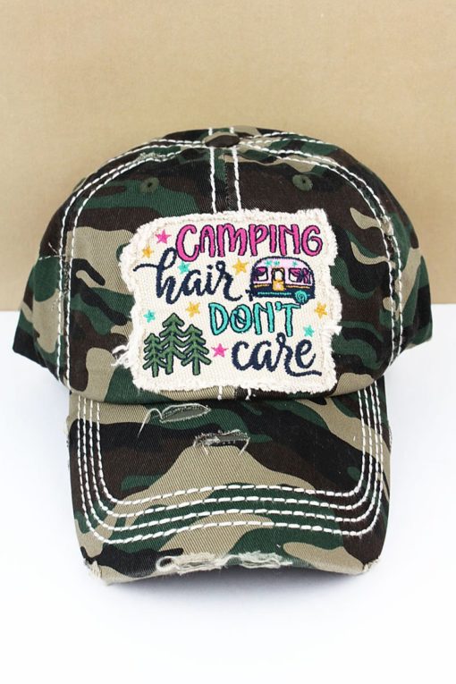 Distressed Camo Camping Hair Don't Care Adjustable Hat