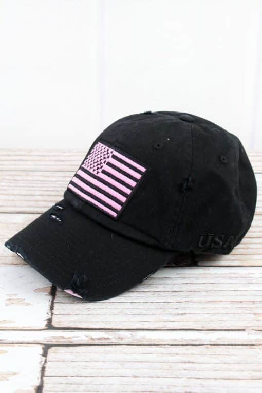 Distressed Black With Pink American Flag Adjustable Hat - Image 2
